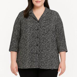 Catherines Petite Blouse 2XWP Black White Abstract Button Up Roll Tab Sleeve 2X